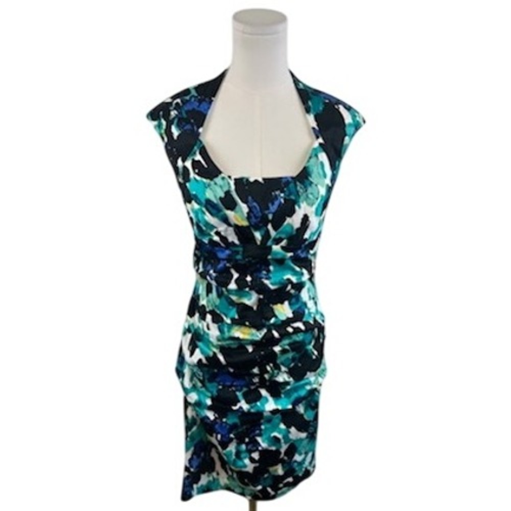 JAX Women's Dress Black Blue Green Floral Ruched Cocktail Party‎ Siz 8